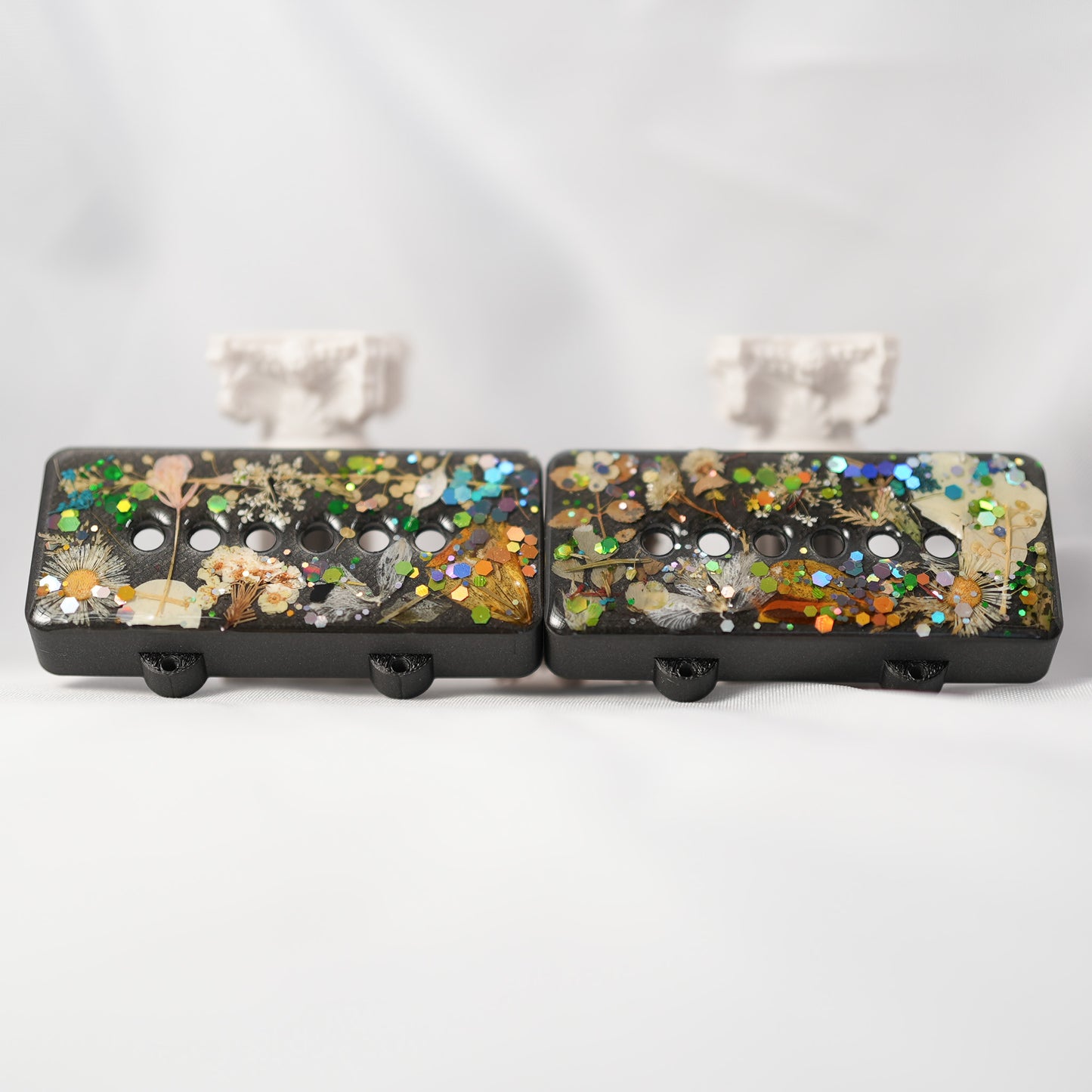 CUSTOM JAZZMASTER PICKUP COVER SET - MULTI COLORED DRIED FLORAL & THICK GLITTER/IRON GRAY METALLIC (PAIR)