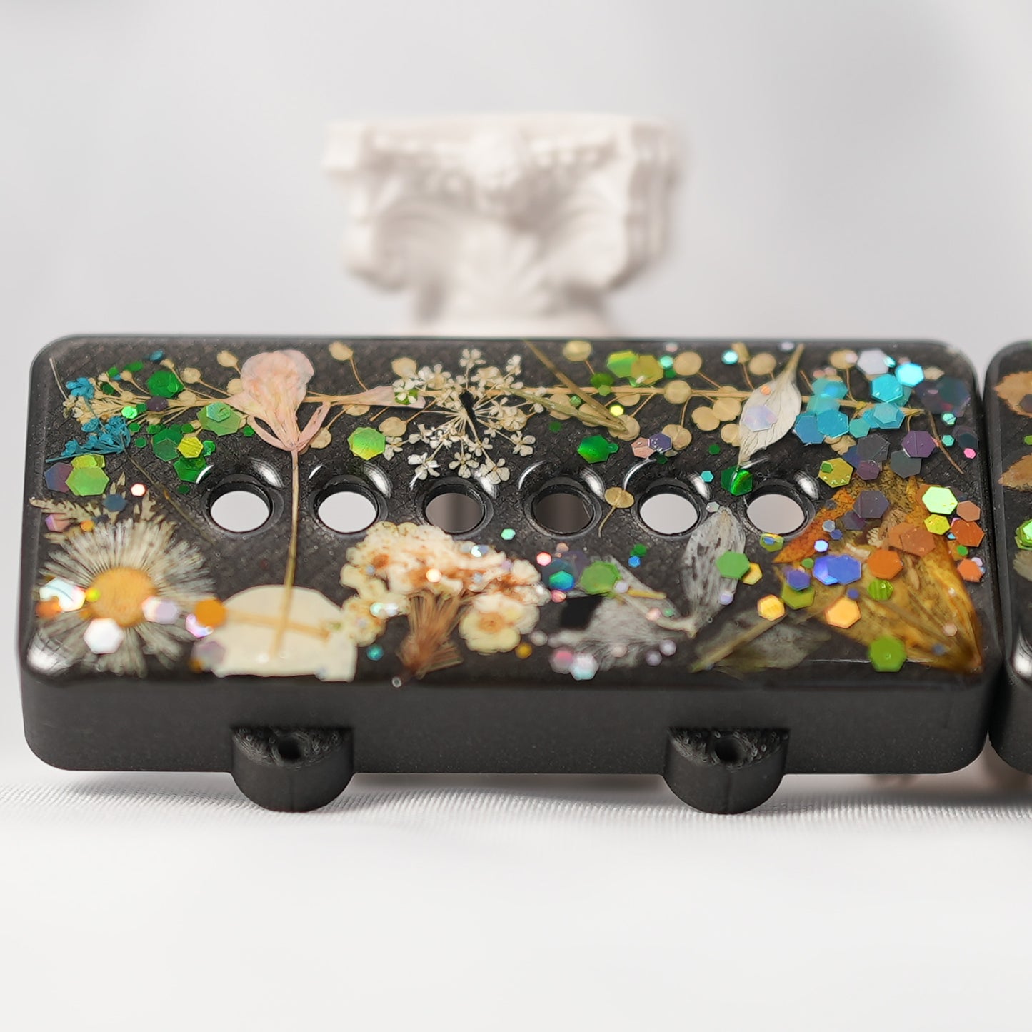 CUSTOM JAZZMASTER PICKUP COVER SET - MULTI COLORED DRIED FLORAL & THICK GLITTER/IRON GRAY METALLIC (PAIR)