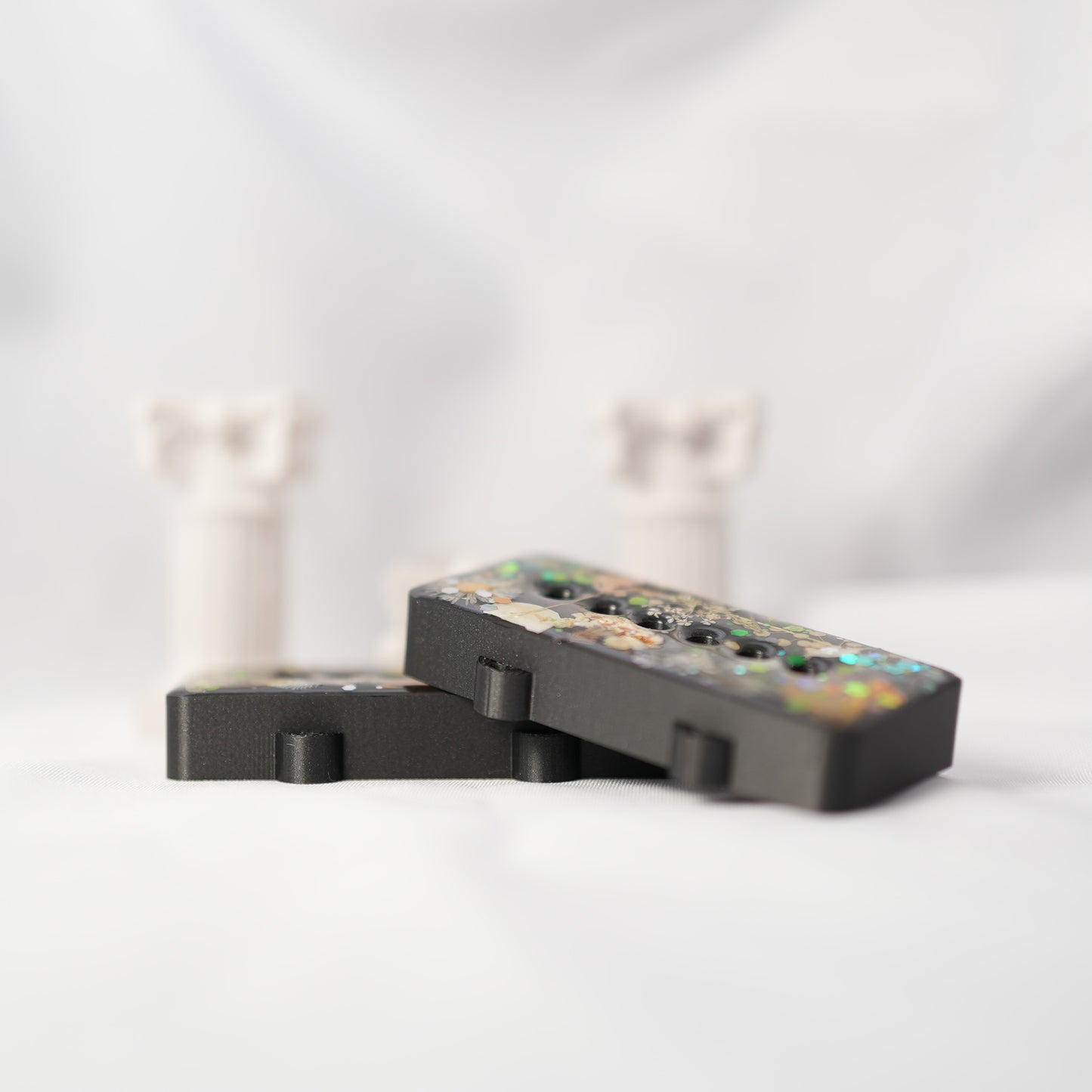 CUSTOM JAZZMASTER PICKUP COVER SET - MULTI COLORED DRIED FLORAL & THICK GLITTER/IRON GRAY METALLIC (PAIR)