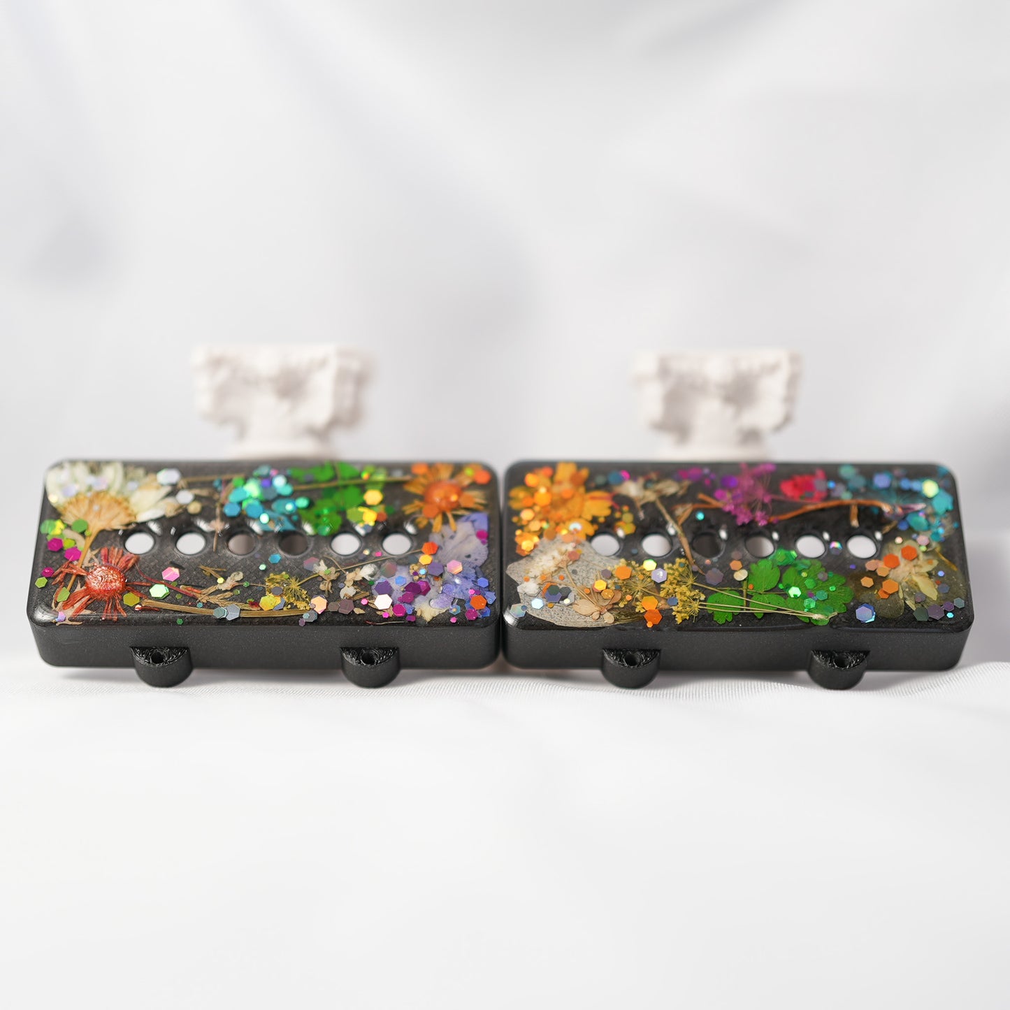 CUSTOM JAZZMASTER PICKUP COVER SET - MULTI COLORED DRIED FLORAL & THICK GLITTER/IRON GRAY METALLIC (PAIR) B STOCK