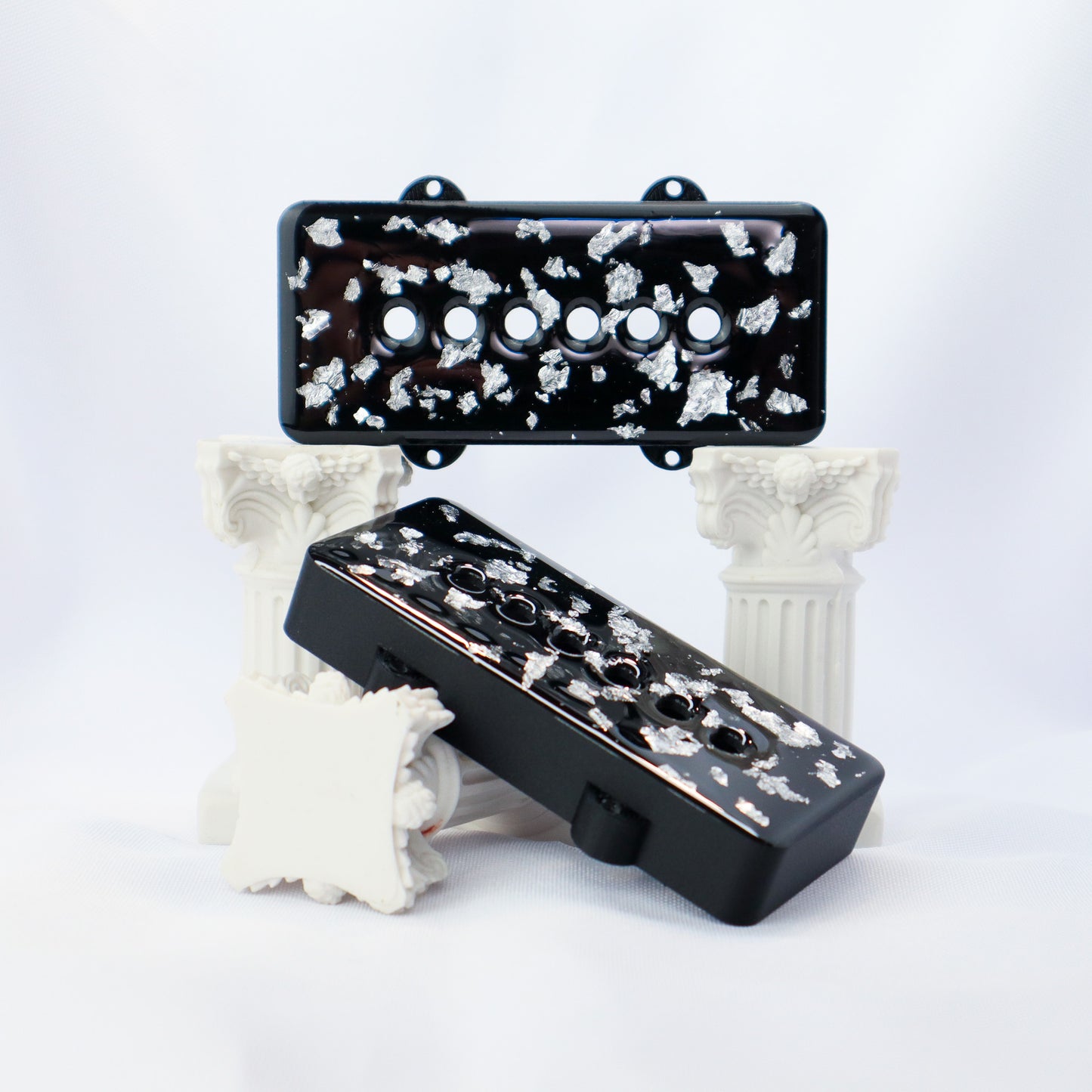 CUSTOM JAZZMASTER PICKUP COVER - BLACK CARBON FIBER INFUSED/SILVER FLAKE/CLEAR (Pair)