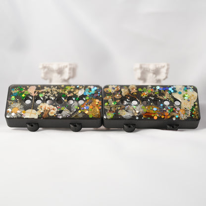 CUSTOM JAZZMASTER PICKUP COVER SET - MULTI COLORED DRIED FLORAL & THICK GLITTER/IRON GRAY METALLIC (PAIR)