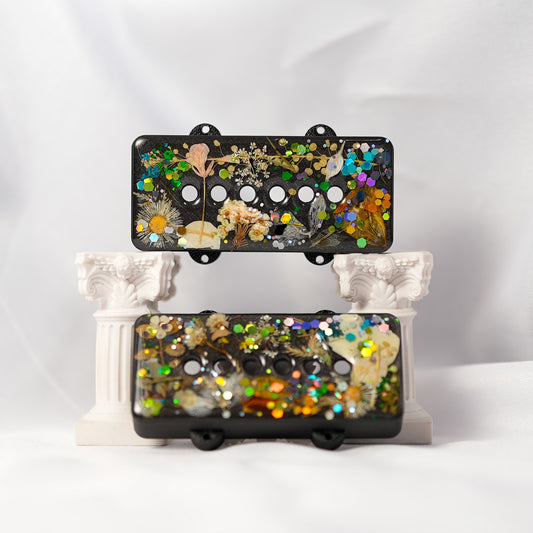 CUSTOM JAZZMASTER PICKUP COVER SET - MULTI COLORED DRIED FLORAL & THICK GLITTER/IRON GRAY METALLIC (PAIR)