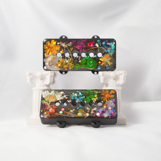 CUSTOM JAZZMASTER PICKUP COVER SET - MULTI COLORED DRIED FLORAL & THICK GLITTER/IRON GRAY METALLIC (PAIR) B STOCK