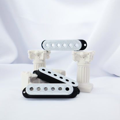 SINGLE COIL 52mm Custom Pickup Cover For Strat - White Marble/Carbon Fiber Infused Black (Set Of 3)