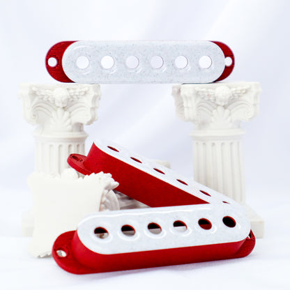 SINGLE COIL 52MM CUSTOM PICKUP COVER - WHITE MARBLE/CARBON FIBER RED (SET OF 3)