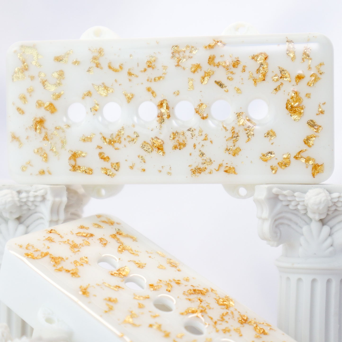 1 OF 1 CUSTOM JAZZMASTER Pickup Cover - WHITE/GOLD FLAKE/CLEAR (Pair)