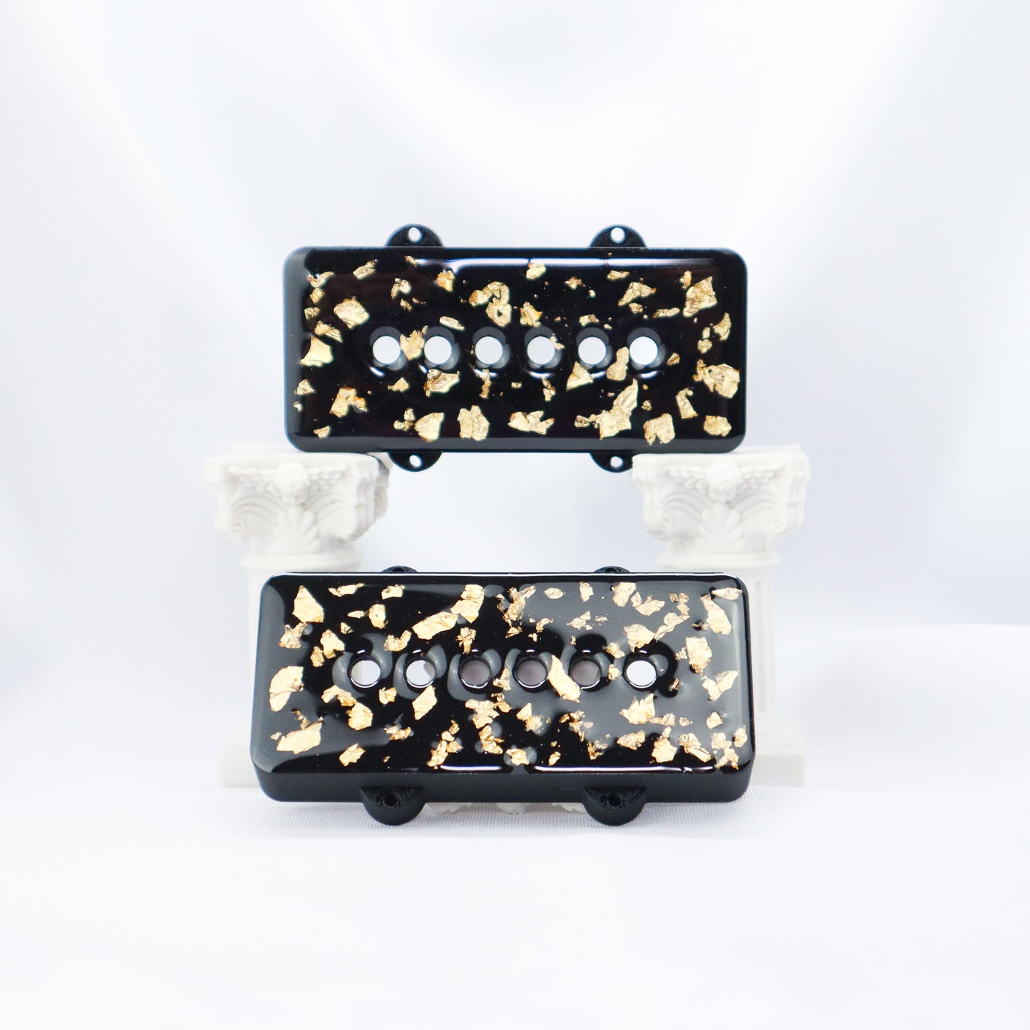 1 OF 1 CUSTOM JAZZMASTER Pickup Cover - BLACK CARBON FIBER INFUSED/GOLD FLAKE/CLEAR (Pair)