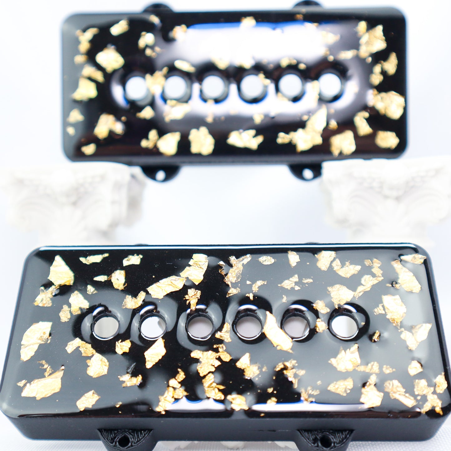 1 OF 1 CUSTOM JAZZMASTER Pickup Cover - BLACK CARBON FIBER INFUSED/GOLD FLAKE/CLEAR (Pair)