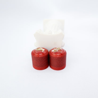 1 of 1 CUSTOM DOMED GUITAR Knob W/KNURLING & SET SCREW 6MM - DRIED FLORAL/CRIMSON RED SPARKLE (PAIR)