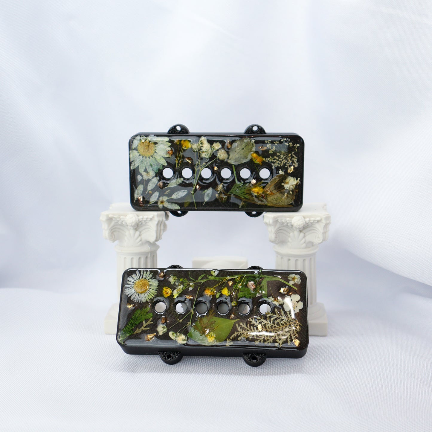 1 OF 1 CUSTOM JAZZMASTER Pickup Cover - WHITE & YELLOW DRIED FLORAL/IRON GREY METALLIC (PAIR)